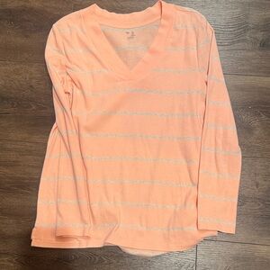 GAP Peach and White Striped V-Neck Long Sleeve Top